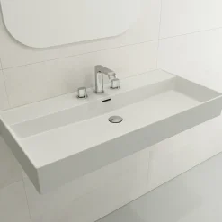 BOCCHI Milano 40" Rectangle Wallmount Fireclay Bathroom Sink, Matte White, 3 Faucet Hole, 1378-002-0127