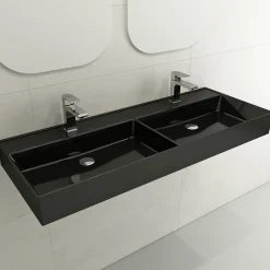 BOCCHI Milano 48" Rectangle Wallmount Fireclay Bathroom Sink, Double Basin, Black, Single Faucet Hole, 1393-005-0132