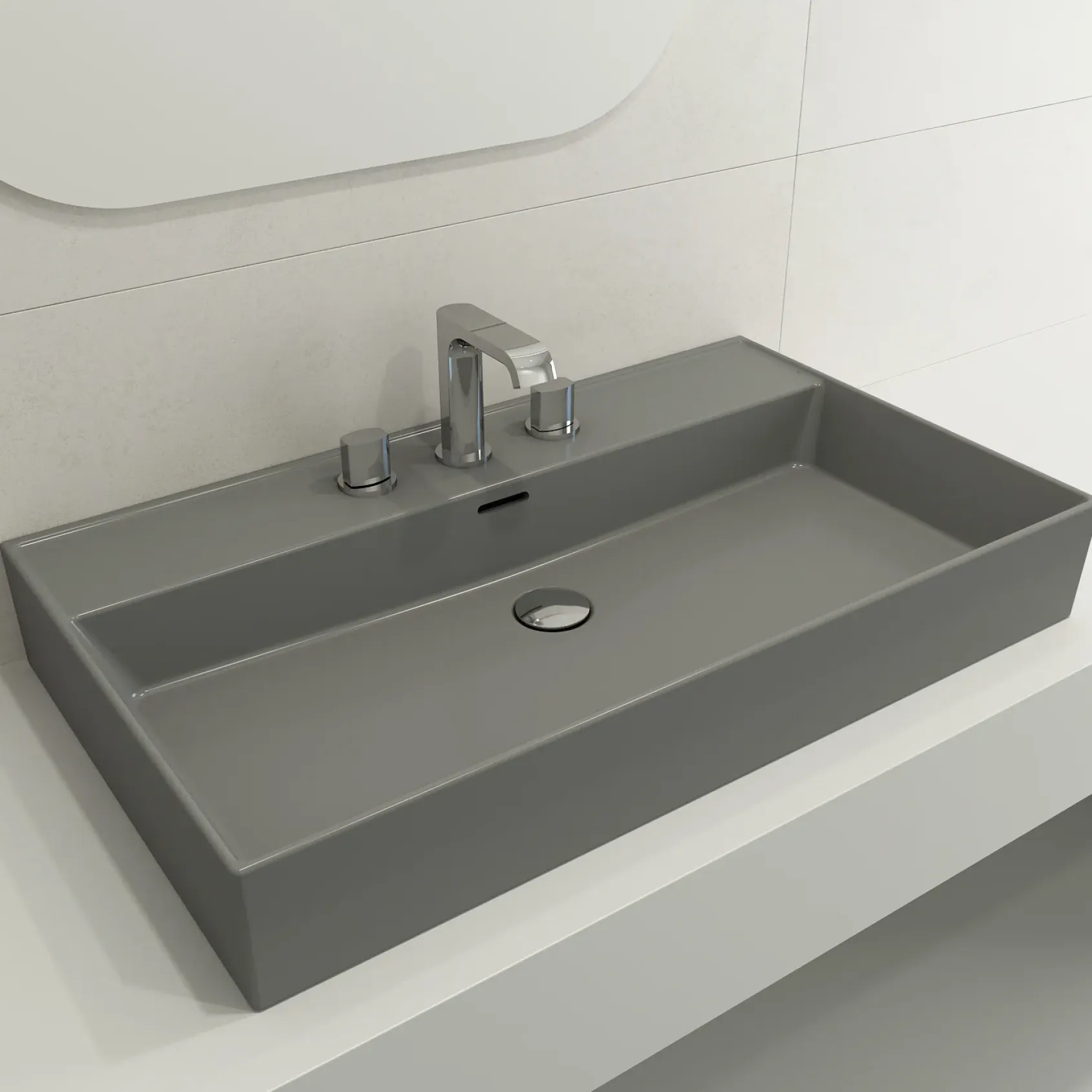 BOCCHI Milano 32" Rectangle Wallmount Fireclay Bathroom Sink, Matte Gray, 3 Faucet Hole, 1377-006-0127