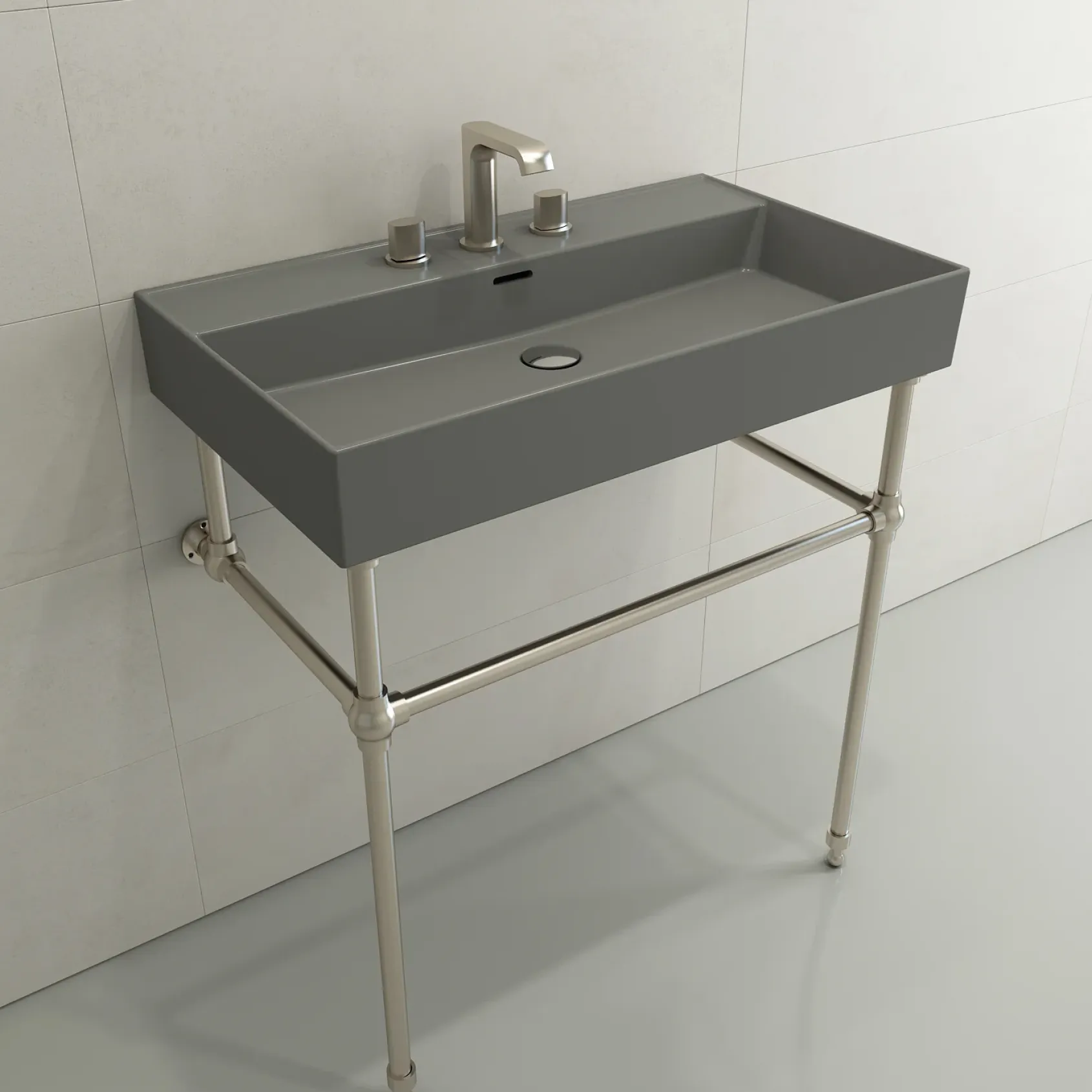 BOCCHI Milano 32" Rectangle Wallmount Fireclay Bathroom Sink, Matte Gray, 3 Faucet Hole, 1377-006-0127