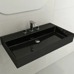BOCCHI Milano 32" Rectangle Wallmount Fireclay Bathroom Sink, Black, 3 Faucet Hole, 1377-005-0127