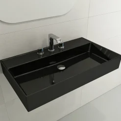 BOCCHI Milano 32" Rectangle Wallmount Fireclay Bathroom Sink, Black, 3 Faucet Hole, 1377-005-0127
