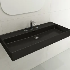 BOCCHI Milano 40" Rectangle Wallmount Fireclay Bathroom Sink, Matte Black, 3 Faucet Hole, 1378-004-0127