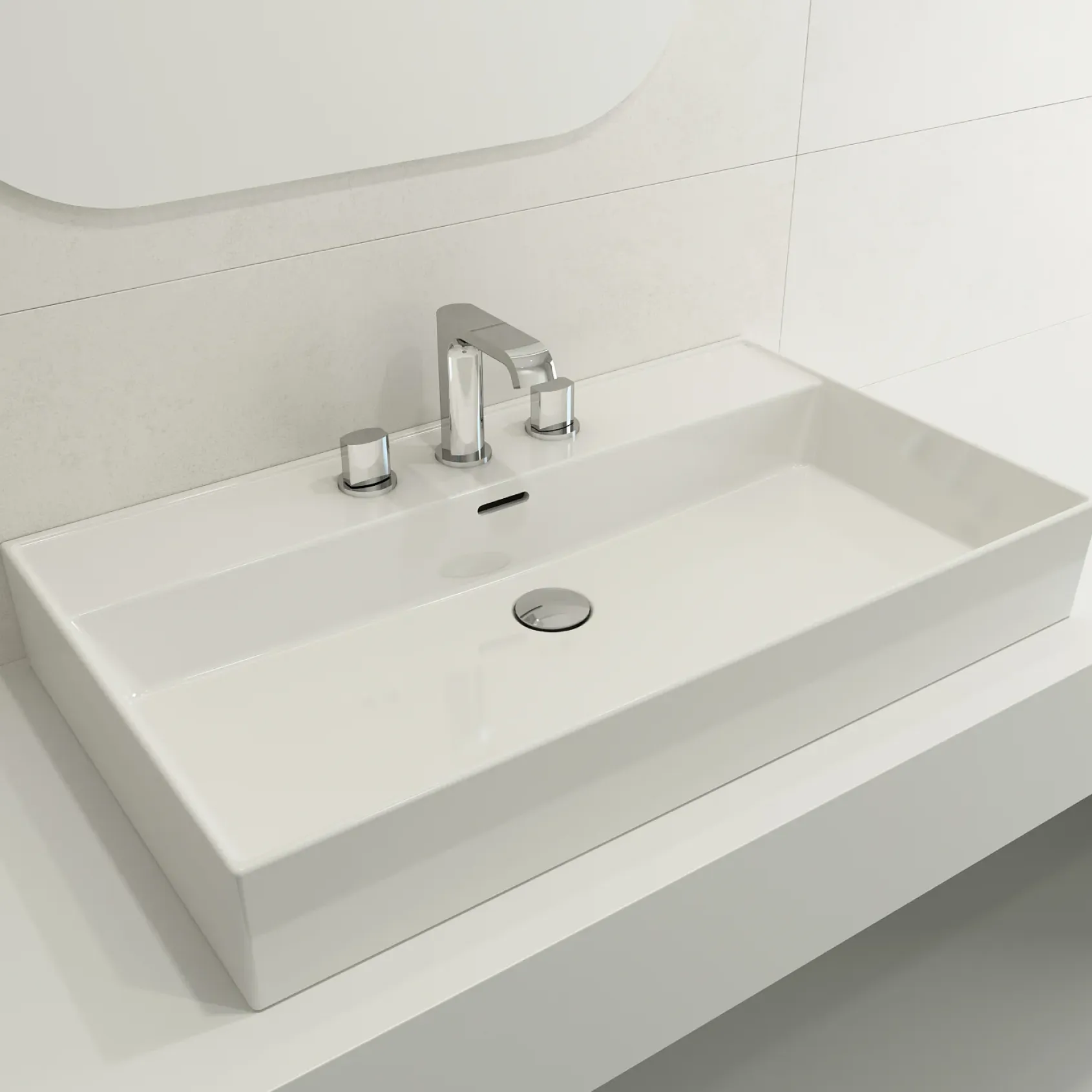 BOCCHI Milano 32" Rectangle Wallmount Fireclay Bathroom Sink, White, 3 Faucet Hole, 1377-001-0127