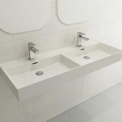 BOCCHI Milano 48" Rectangle Wallmount Fireclay Bathroom Sink, Double Basin, White, Single Faucet Hole, 1393-001-0132