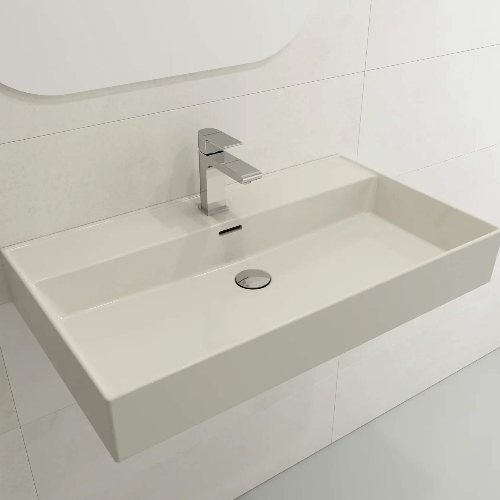 BOCCHI Milano 32" Rectangle Wallmount Fireclay Bathroom Sink, Biscuit, Single Faucet Hole, 1377-014-0126