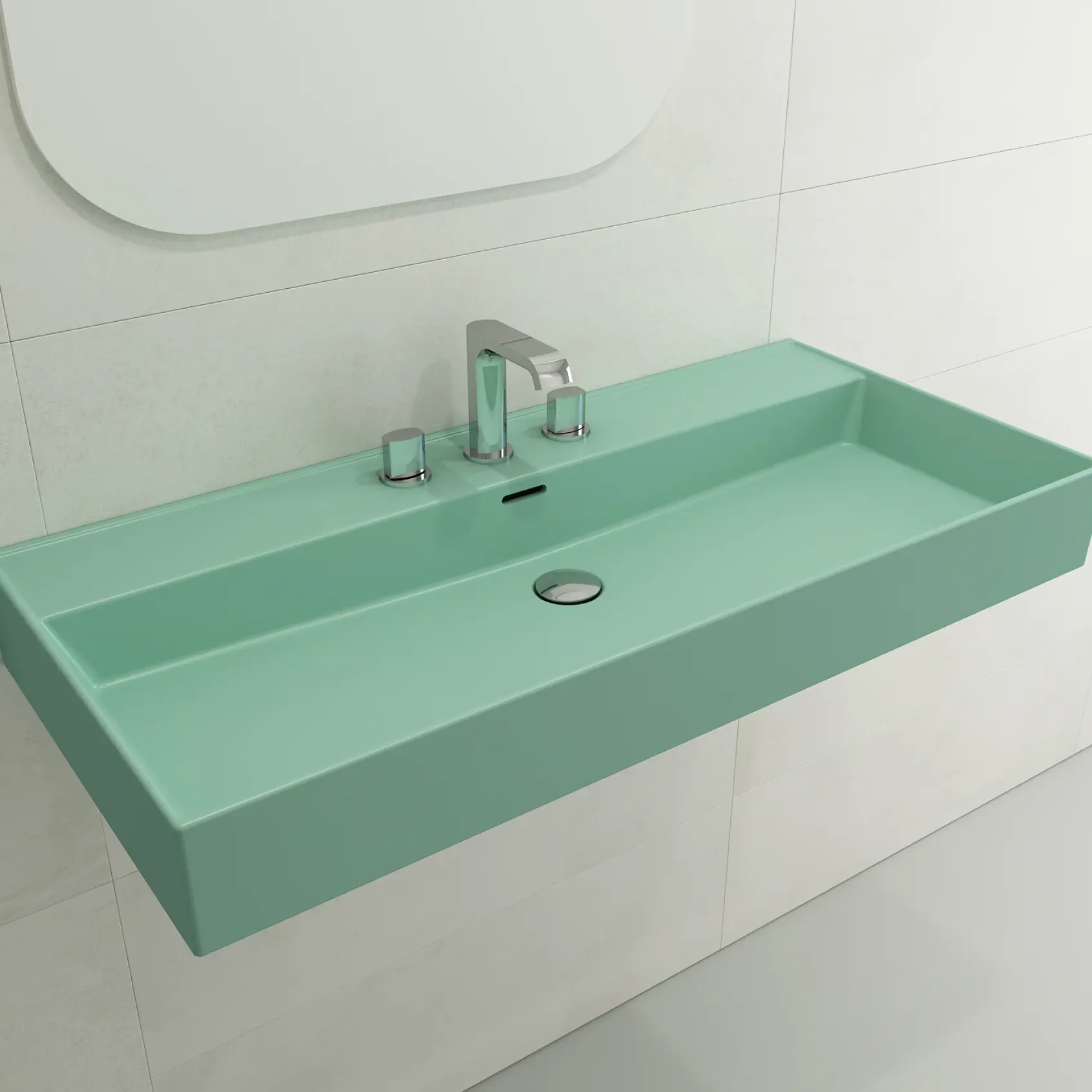 BOCCHI Milano 40" Rectangle Wallmount Fireclay Bathroom Sink, Matte Mint Green, 3 Faucet Hole, 1378-033-0127