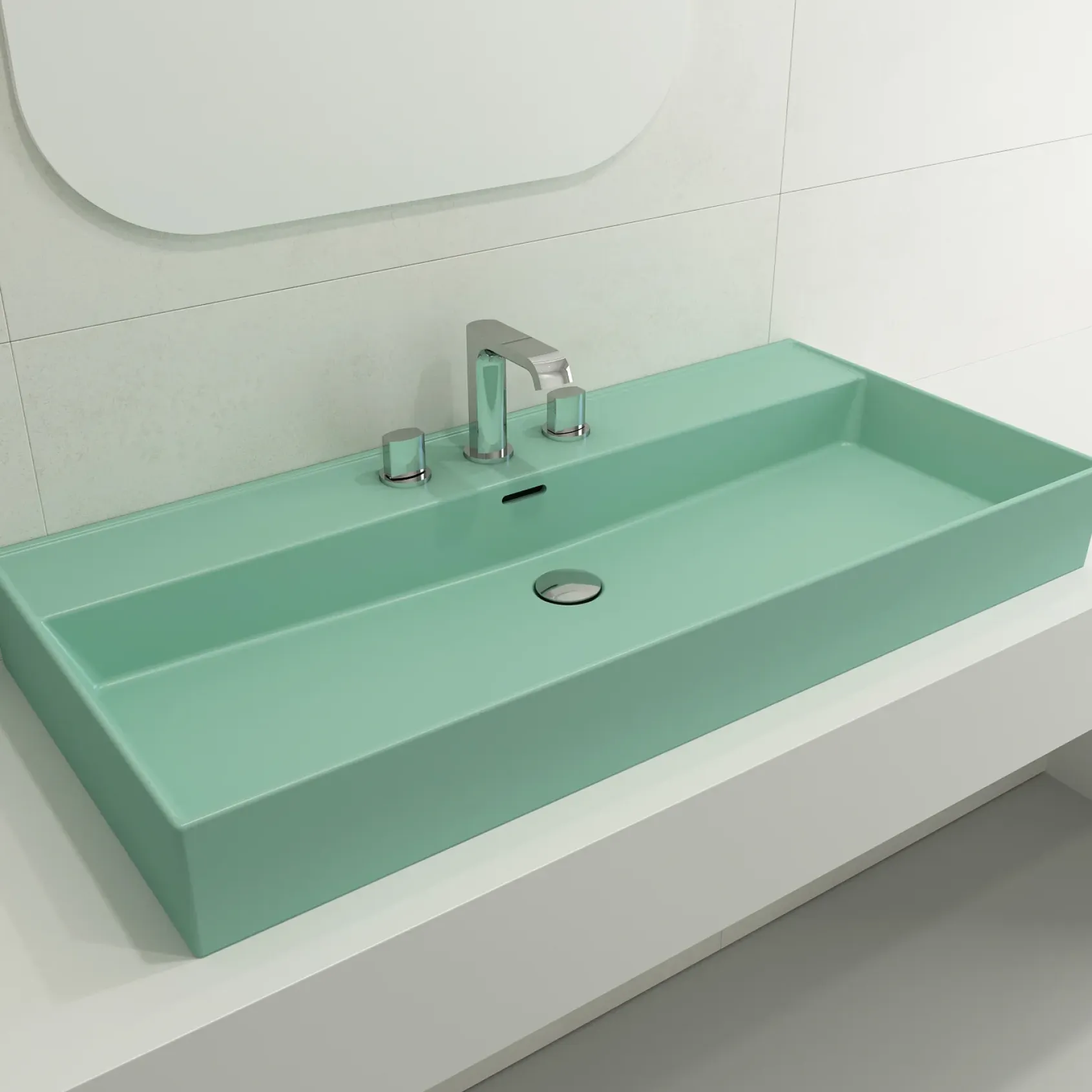 BOCCHI Milano 40" Rectangle Wallmount Fireclay Bathroom Sink, Matte Mint Green, 3 Faucet Hole, 1378-033-0127