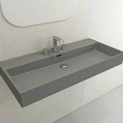 BOCCHI Milano 40" Rectangle Wallmount Fireclay Bathroom Sink, Matte Gray, 3 Faucet Hole, 1378-006-0127