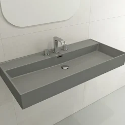 BOCCHI Milano 40" Rectangle Wallmount Fireclay Bathroom Sink, Matte Gray, 3 Faucet Hole, 1378-006-0127