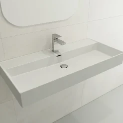 BOCCHI Milano 40" Rectangle Wallmount Fireclay Bathroom Sink, Matte White, Single Faucet Hole, 1378-002-0126