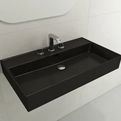 BOCCHI Milano 32" Rectangle Wallmount Fireclay Bathroom Sink, Matte Black, 3 Faucet Hole, 1377-004-0127