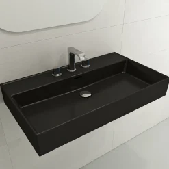 BOCCHI Milano 32" Rectangle Wallmount Fireclay Bathroom Sink, Matte Black, 3 Faucet Hole, 1377-004-0127