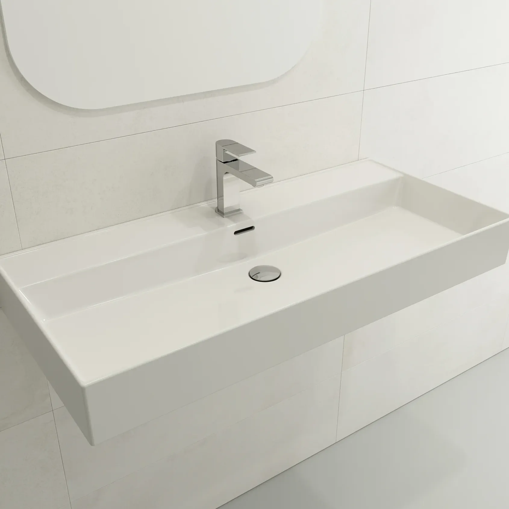 BOCCHI Milano 40" Rectangle Wallmount Fireclay Bathroom Sink, White, Single Faucet Hole, 1378-001-0126