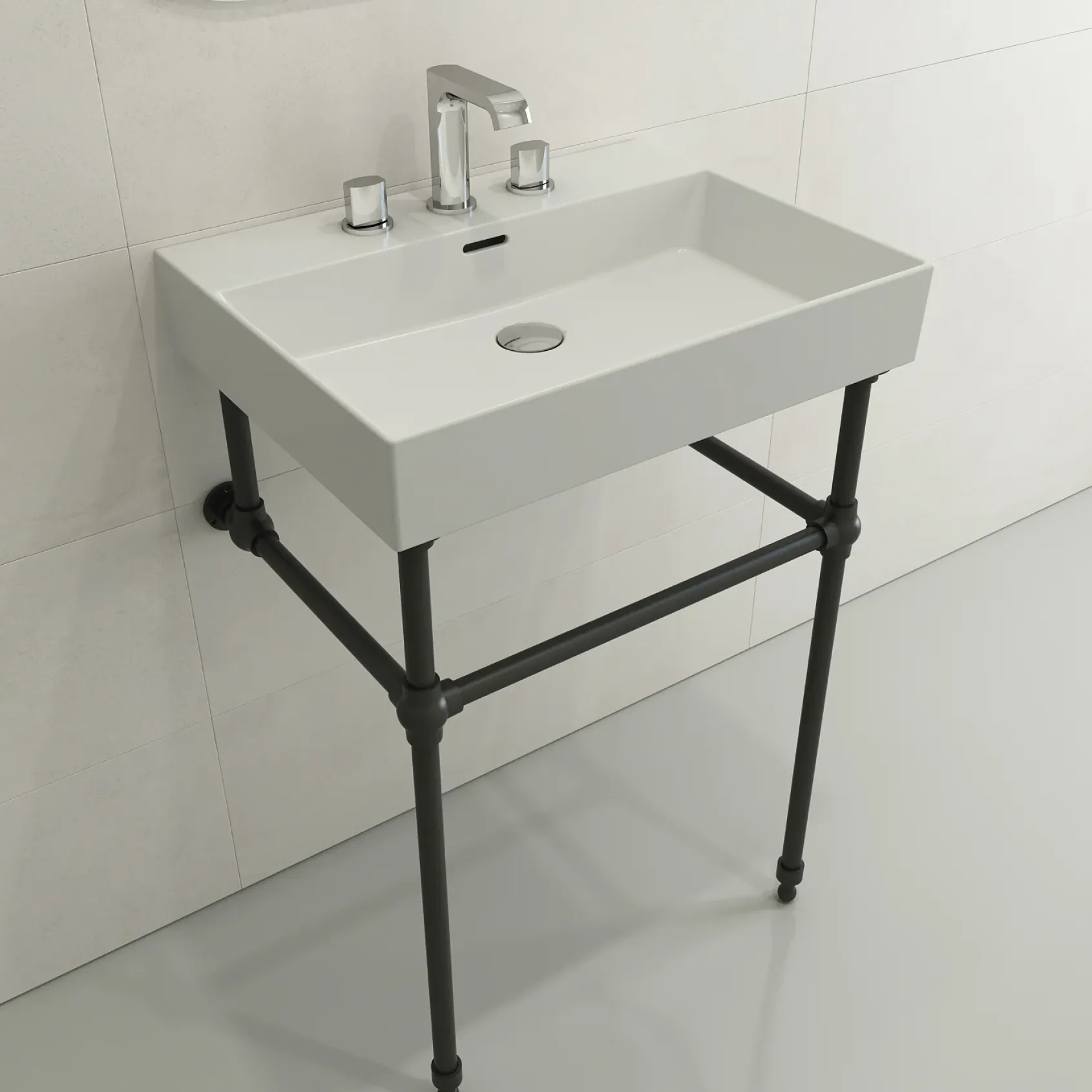 BOCCHI Milano 24" Rectangle Wallmount Fireclay Bathroom Sink, Matte White, 3 Faucet Hole, 1376-002-0127