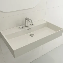 BOCCHI Milano 32" Rectangle Wallmount Fireclay Bathroom Sink, Biscuit, 3 Faucet Hole, 1377-014-0127