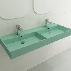 BOCCHI Milano 48" Rectangle Wallmount Fireclay Bathroom Sink, Double Basin, Matte Mint Green, Single Faucet Hole, 1393-033-0132