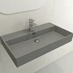 BOCCHI Milano 32" Rectangle Wallmount Fireclay Bathroom Sink, Matte Gray, Single Faucet Hole, 1377-006-0126