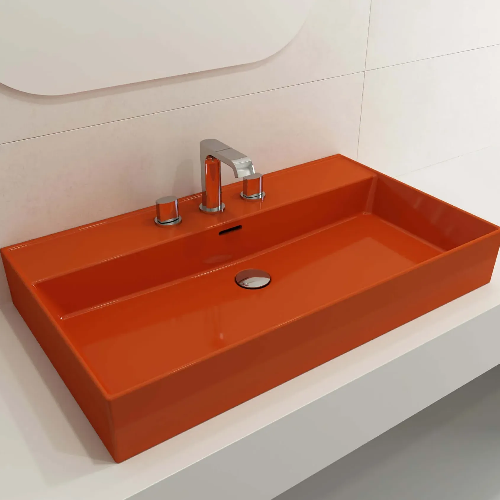 BOCCHI Milano 32" Rectangle Wallmount Fireclay Bathroom Sink, Orange, 3 Faucet Hole, 1377-012-0127