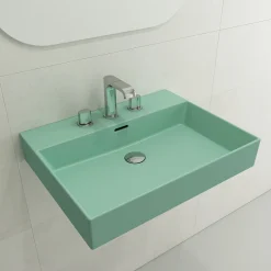 BOCCHI Milano 24" Rectangle Wallmount Fireclay Bathroom Sink, Matte Mint Green, 3 Faucet Hole, 1376-033-0127