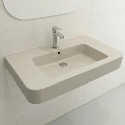 BOCCHI Parma 34" Rectangle Wallmount Fireclay Bathroom Sink, Biscuit, Single Faucet Hole, 1124-014-0126