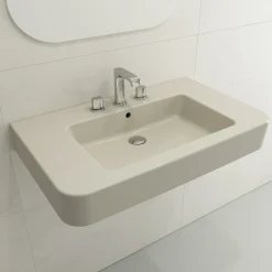 BOCCHI Parma 34" Rectangle Wallmount Fireclay Bathroom Sink, Biscuit, 3 Faucet Hole, 1124-014-0127
