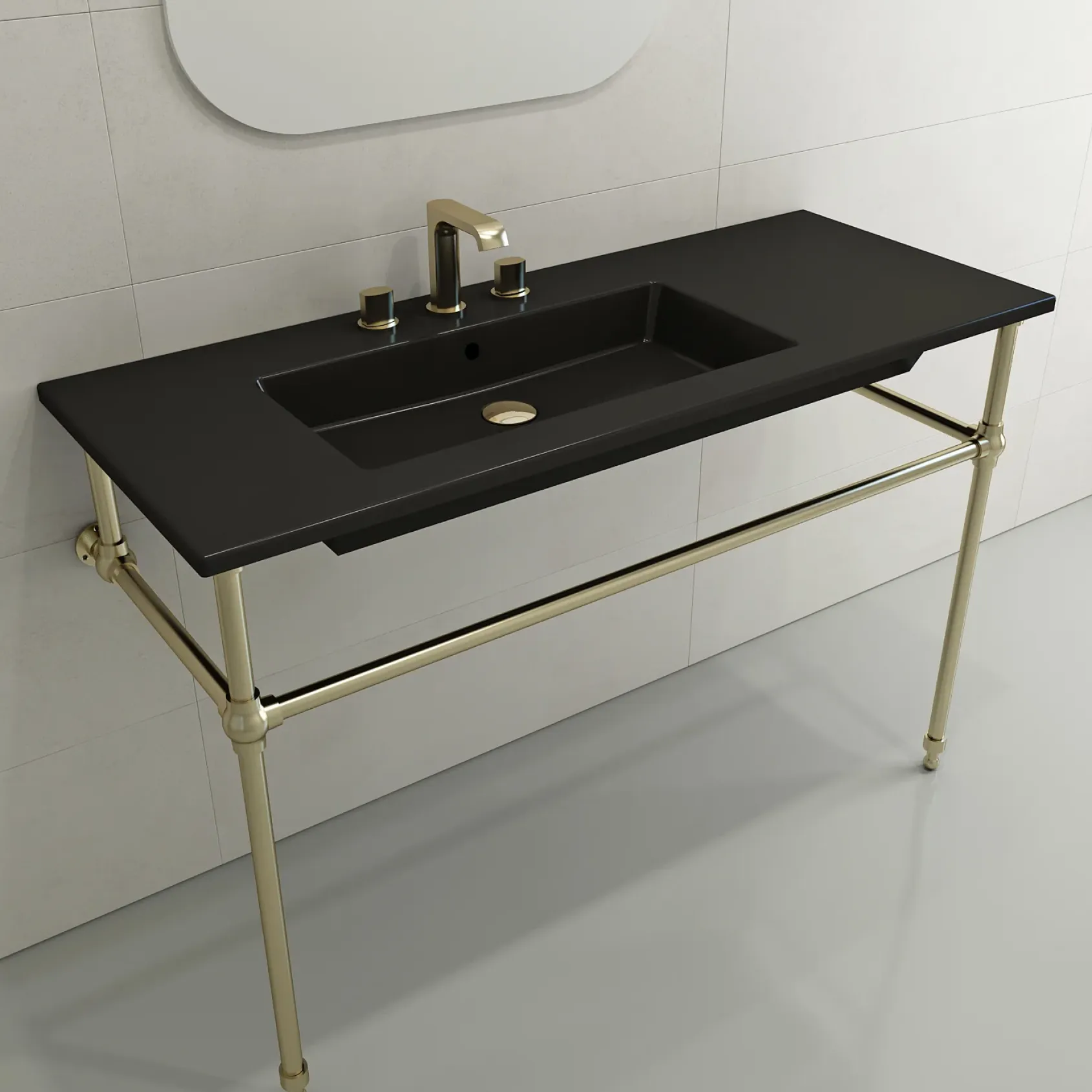BOCCHI Ravenna 48" Rectangle Wallmount Fireclay Bathroom Sink, Matte Black , 3 Faucet Hole, 1305-004-0127