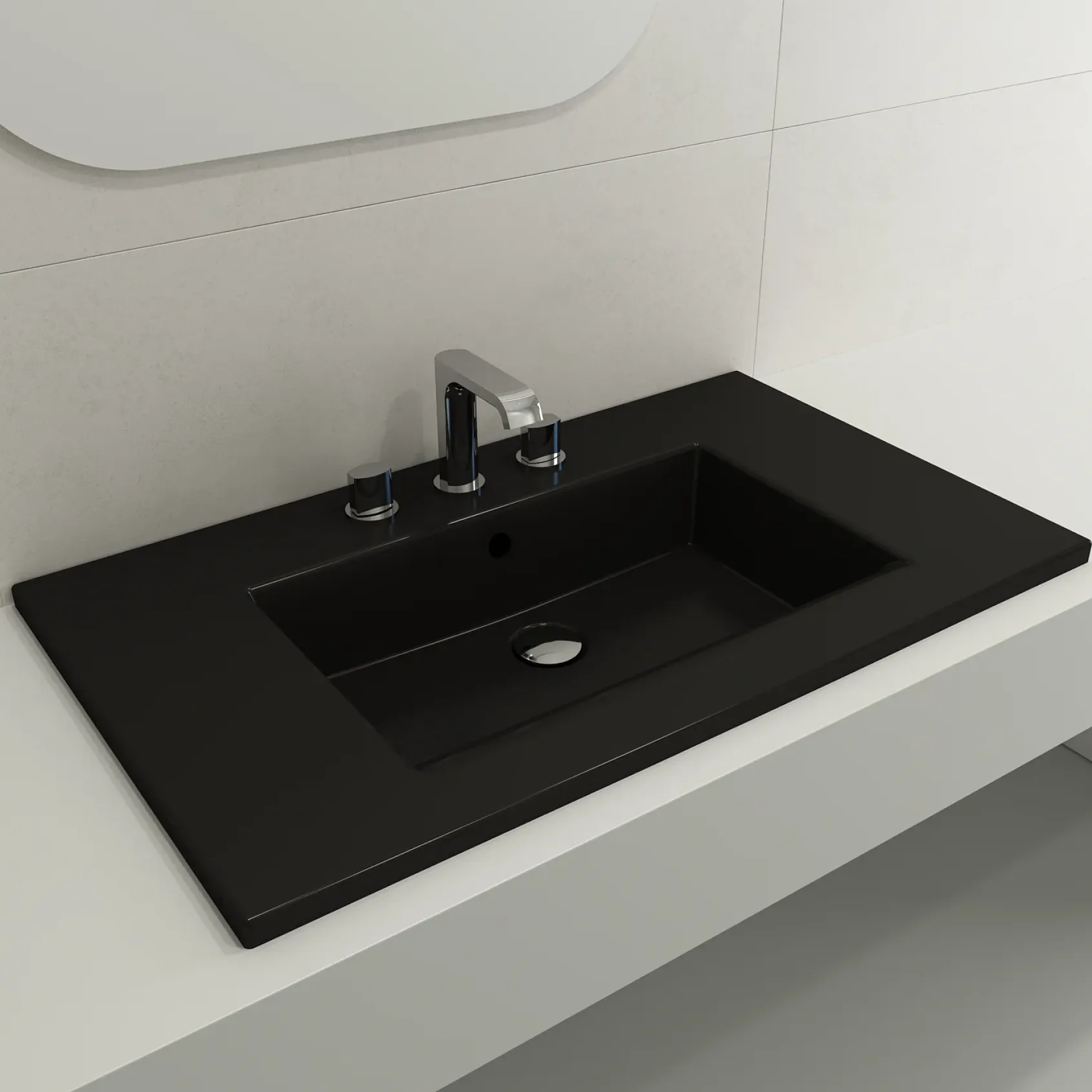 BOCCHI Ravenna 32" Rectangle Wallmount Fireclay Bathroom Sink, Matte Black, 3 Faucet Hole, 1113-004-0127