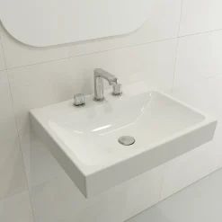 BOCCHI Scala 24" Rectangle Wallmount Fireclay Bathroom Sink, White, 3 Faucet Hole, 1077-001-0127