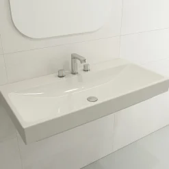 BOCCHI Scala 40" Rectangle Wallmount Fireclay Bathroom Sink, Biscuit, 3 Faucet Hole, 1079-014-0127