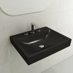 BOCCHI Scala 24" Rectangle Wallmount Fireclay Bathroom Sink, Matte Black, 3 Faucet Hole, 1077-004-0127