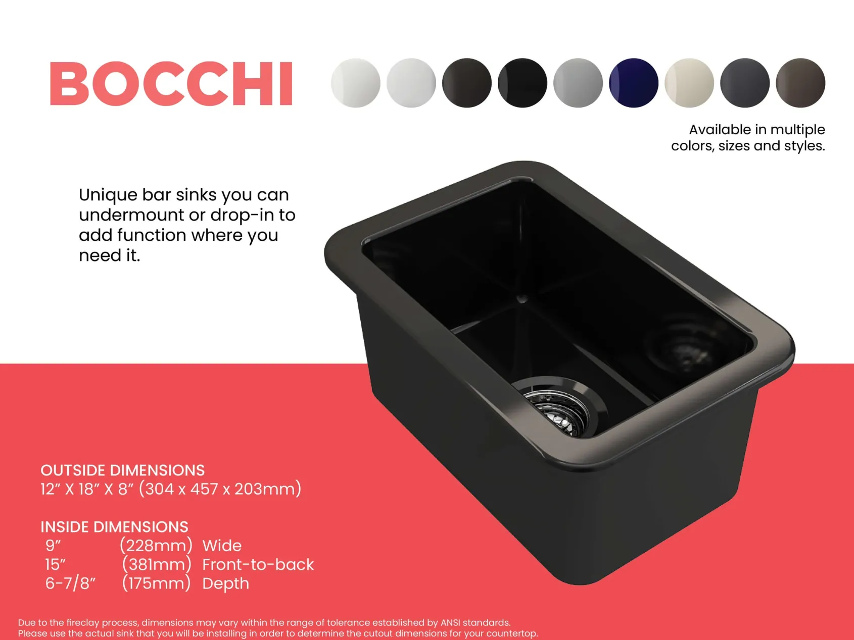 BOCCHI Sotto 12" Fireclay Undermount Single Bowl Bar Sink with Strainer, Black, 1358-005-0120