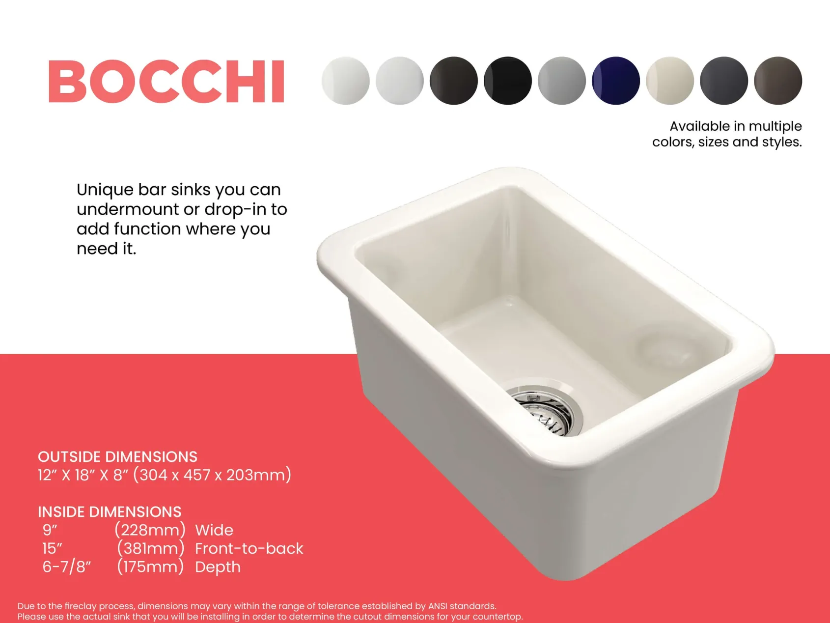 BOCCHI Sotto 12" Fireclay Undermount Single Bowl Bar Sink with Strainer, Biscuit, 1358-014-0120