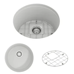 BOCCHI Sotto 18.5" Round Fireclay Undermount Single Bowl Bar Sink with Protective Bottom Grid and Strainer, Matte White, 1361-002-0120