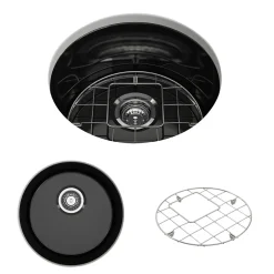 BOCCHI Sotto 18.5" Round Fireclay Undermount Single Bowl Bar Sink with Protective Bottom Grid and Strainer, Black, 1361-005-0120