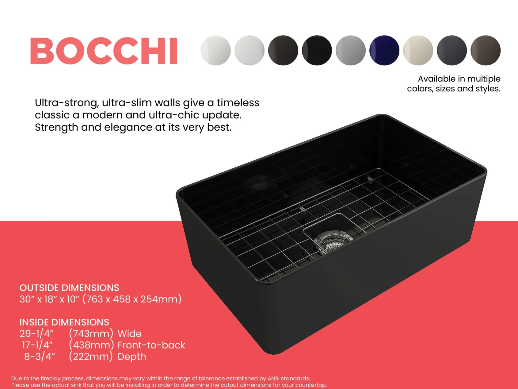BOCCHI Aderci Ultra-Slim 30" Fireclay Farmhouse Sink, Black, 1481-005-0120