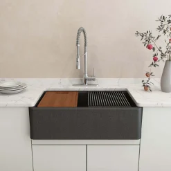 BOCCHI Arona 33" Composite Granite Workstation Farmhouse Sink with Accessories, Metallic Black, 1600-505-0120