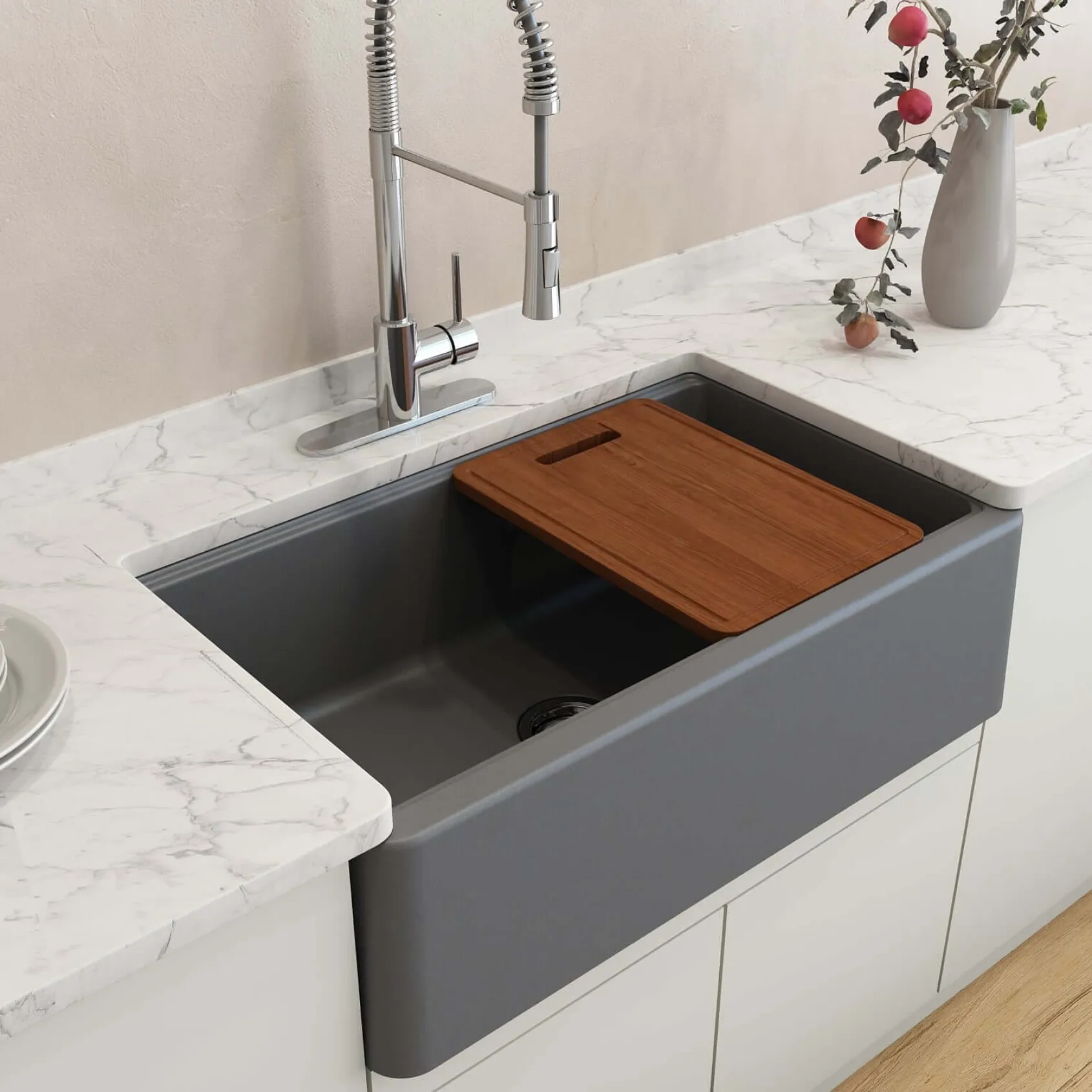 BOCCHI Arona 33" Granite Workstation Farmhouse Sink Kit with Faucet and Accessories, Concrete Gray (sink) / Chrome (faucet), 1600-506-2020CH