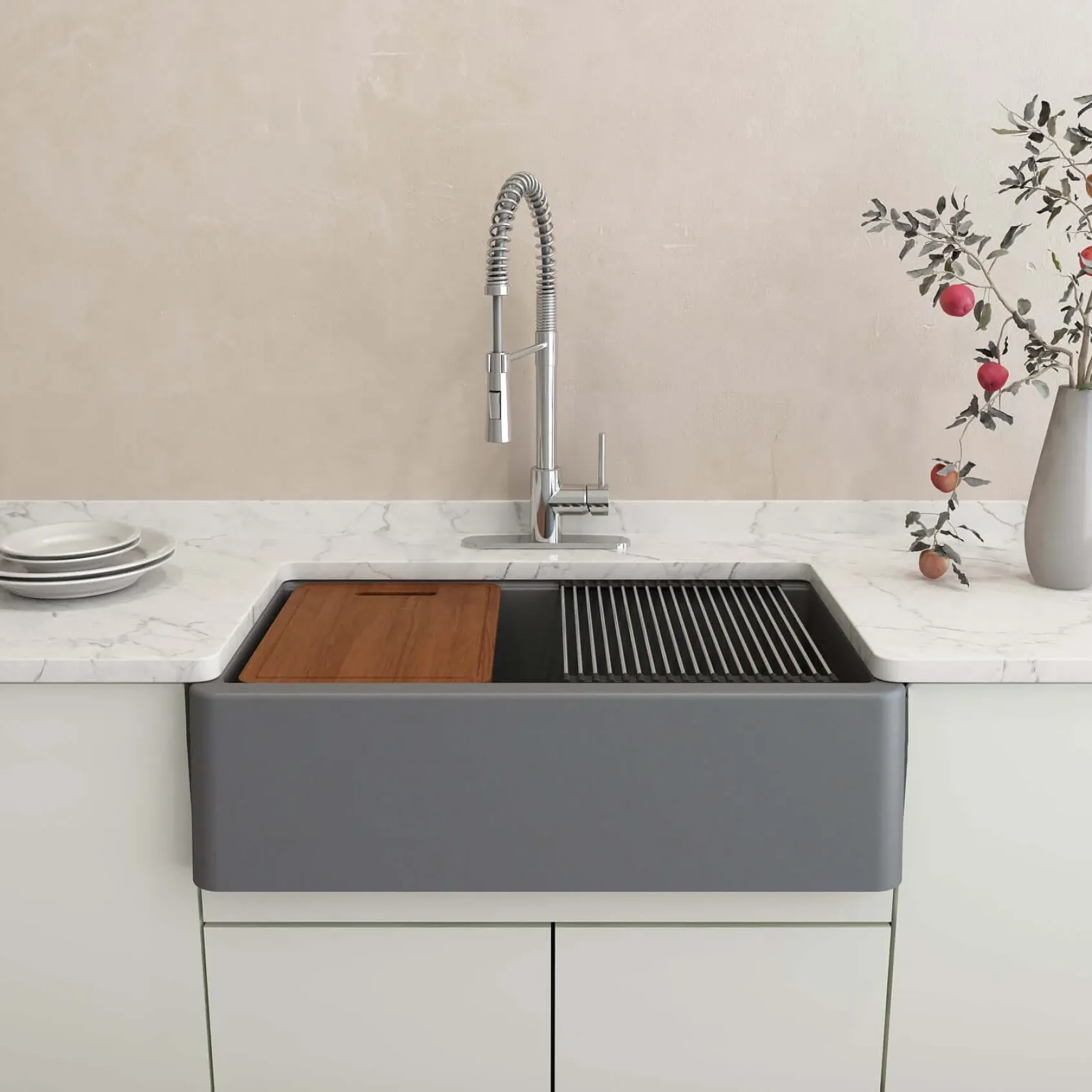 BOCCHI Arona 33" Granite Workstation Farmhouse Sink Kit with Faucet and Accessories, Concrete Gray (sink) / Chrome (faucet), 1600-506-2020CH