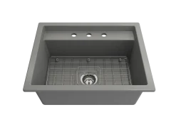 BOCCHI Baveno Uno 27" Dual Mount Fireclay Workstation Kitchen Sink Kit with Accessories, Matte Gray, 1633-006-0127