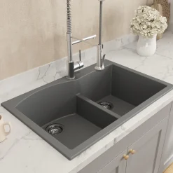 BOCCHI Campino Duo 33" Dual Mount Composite Granite Kitchen Sink, 60/40 Double Bowl, Concrete Gray, 1602-506-0126
