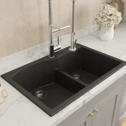BOCCHI Campino Duo 33" Dual Mount Composite Granite Kitchen Sink, 60/40 Double Bowl, Metallic Black, 1602-505-0126