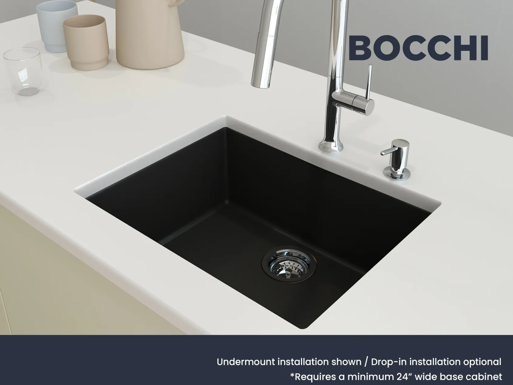 BOCCHI Campino Uno 24" Dual Mount Composite Granite Kitchen Sink, Matte Black, 1606-504-0126