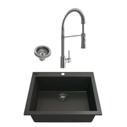 BOCCHI Campino Uno 24" Dual Mount Granite Kitchen Sink Kit with Faucet and Accessories, Matte Black (sink) / Stainless Steel (faucet), 1606-504-2020SS