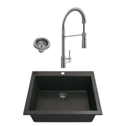 BOCCHI Campino Uno 24" Dual Mount Granite Kitchen Sink Kit with Faucet and Accessories, Metallic Black (sink) / Chrome (faucet), 1606-505-2020CH
