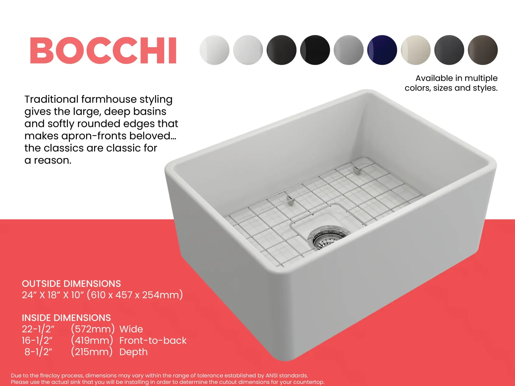 BOCCHI Classico 24" Fireclay Farmhouse Apron Single Bowl Kitchen Sink, Matte White, 1137-002-0120