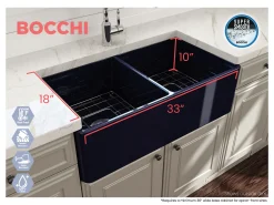 BOCCHI Classico 33" Fireclay Farmhouse Apron 50/50 Double Bowl Kitchen Sink, Sapphire Blue, 1139-010-0120