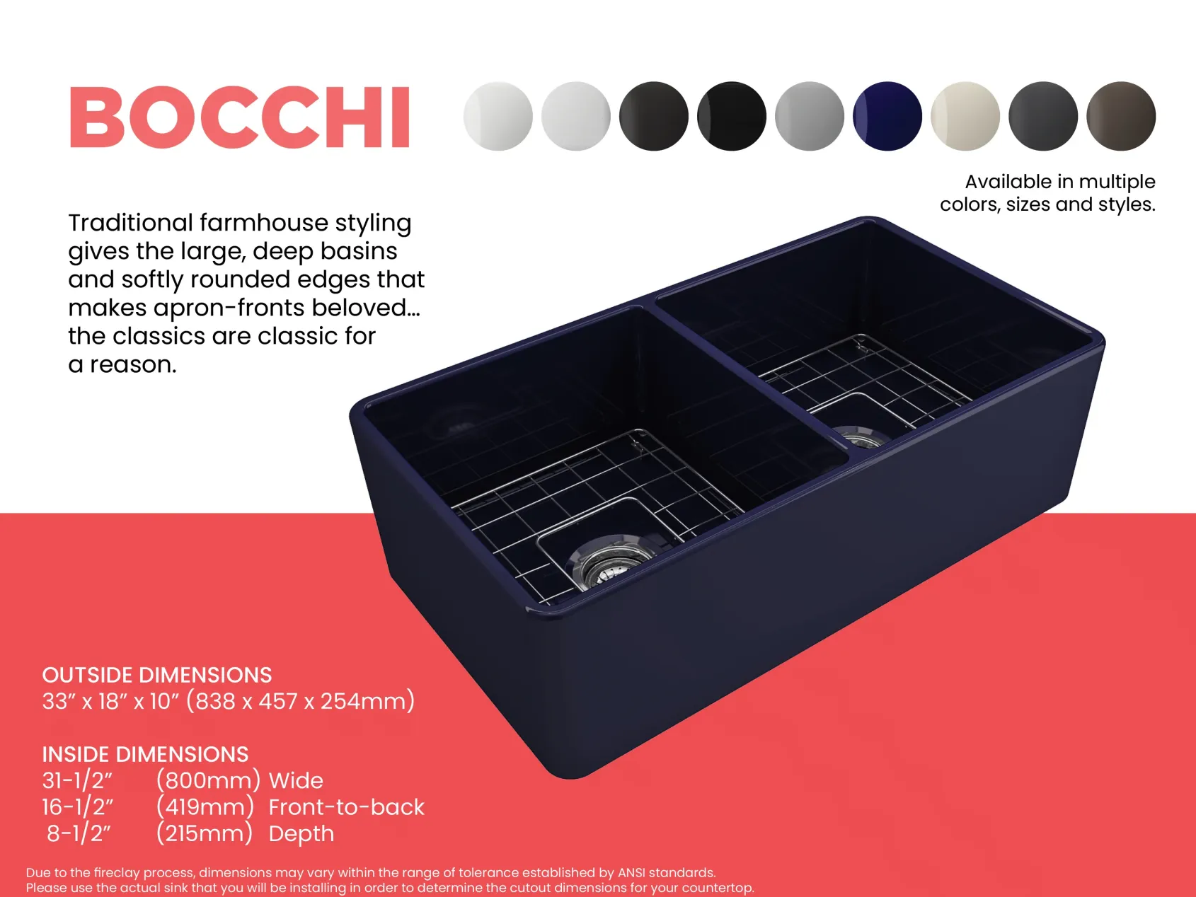 BOCCHI Classico 33" Fireclay Farmhouse Apron 50/50 Double Bowl Kitchen Sink, Sapphire Blue, 1139-010-0120