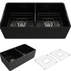 BOCCHI Classico 33" Fireclay Farmhouse Apron 50/50 Double Bowl Kitchen Sink, Black, 1139-005-0120