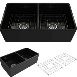 BOCCHI Classico 33" Fireclay Farmhouse Apron 50/50 Double Bowl Kitchen Sink, Black, 1139-005-0120